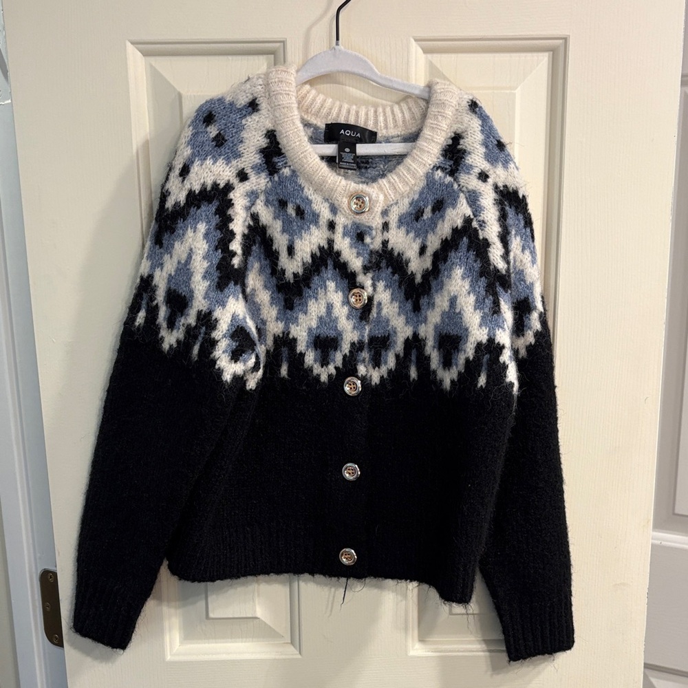 Aqua Black, White & Light Blue Fair Isle Button-Up Cardigan brand new
